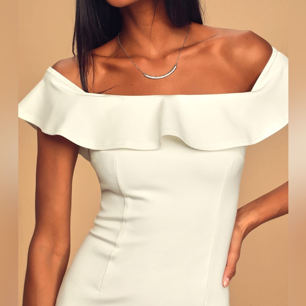 NWT Lulu’s City Nights Ivory Ruffled Off-the-Shoulder Midi Dress XS - Picture 2 of 6